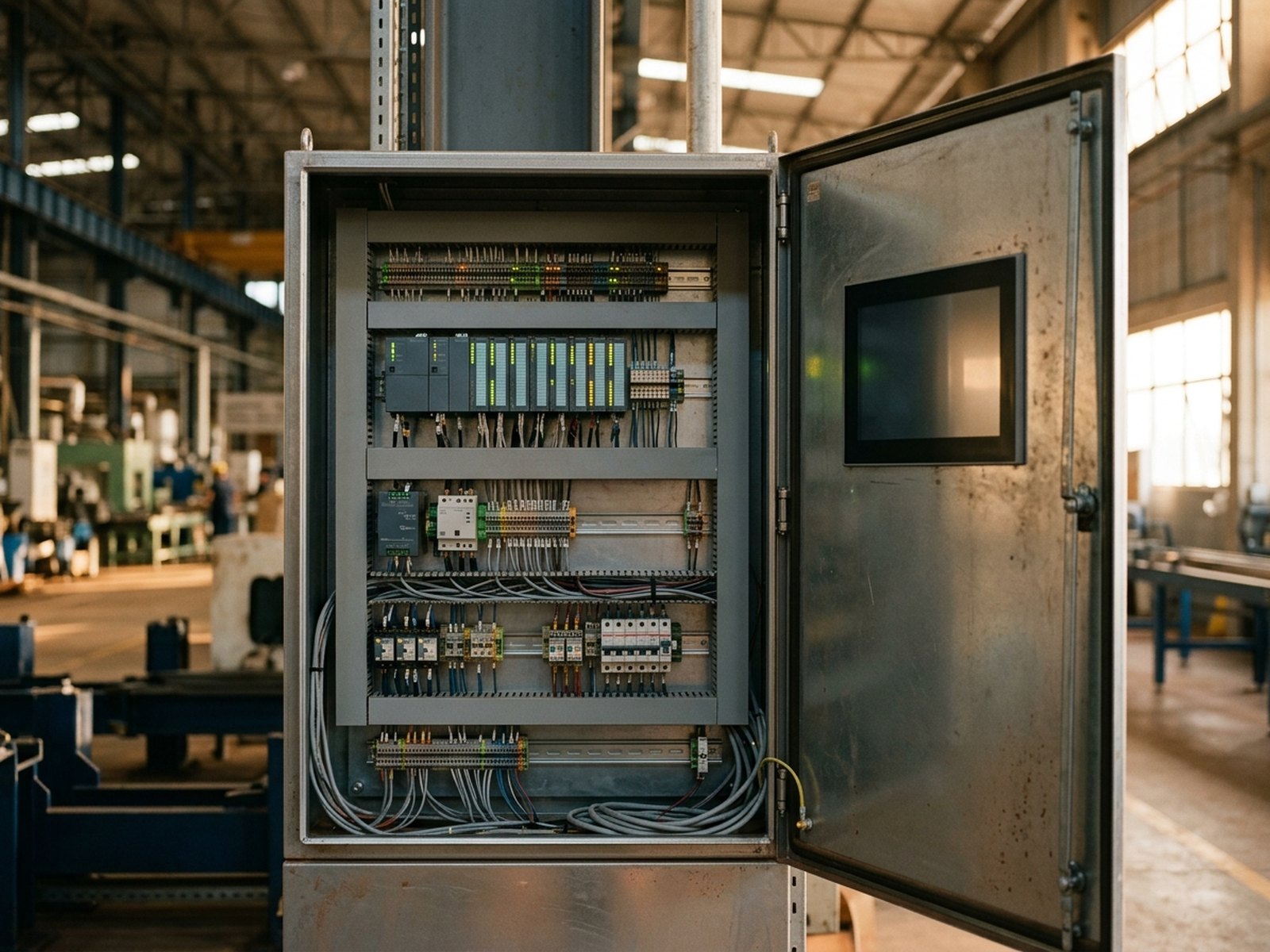 Painel de automação aberto, com controladores e cabeamento organizado, em galpão industrial
