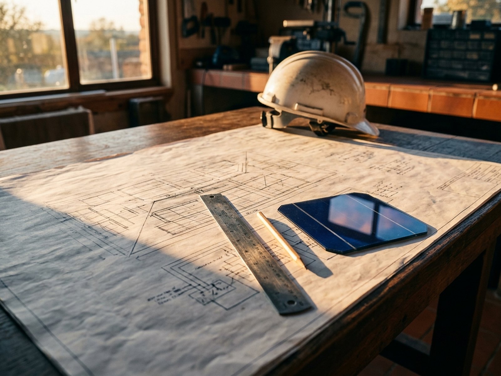 Pranchas de projeto sobre a mesa, com capacete de obra, régua e uma célula fotovoltaica