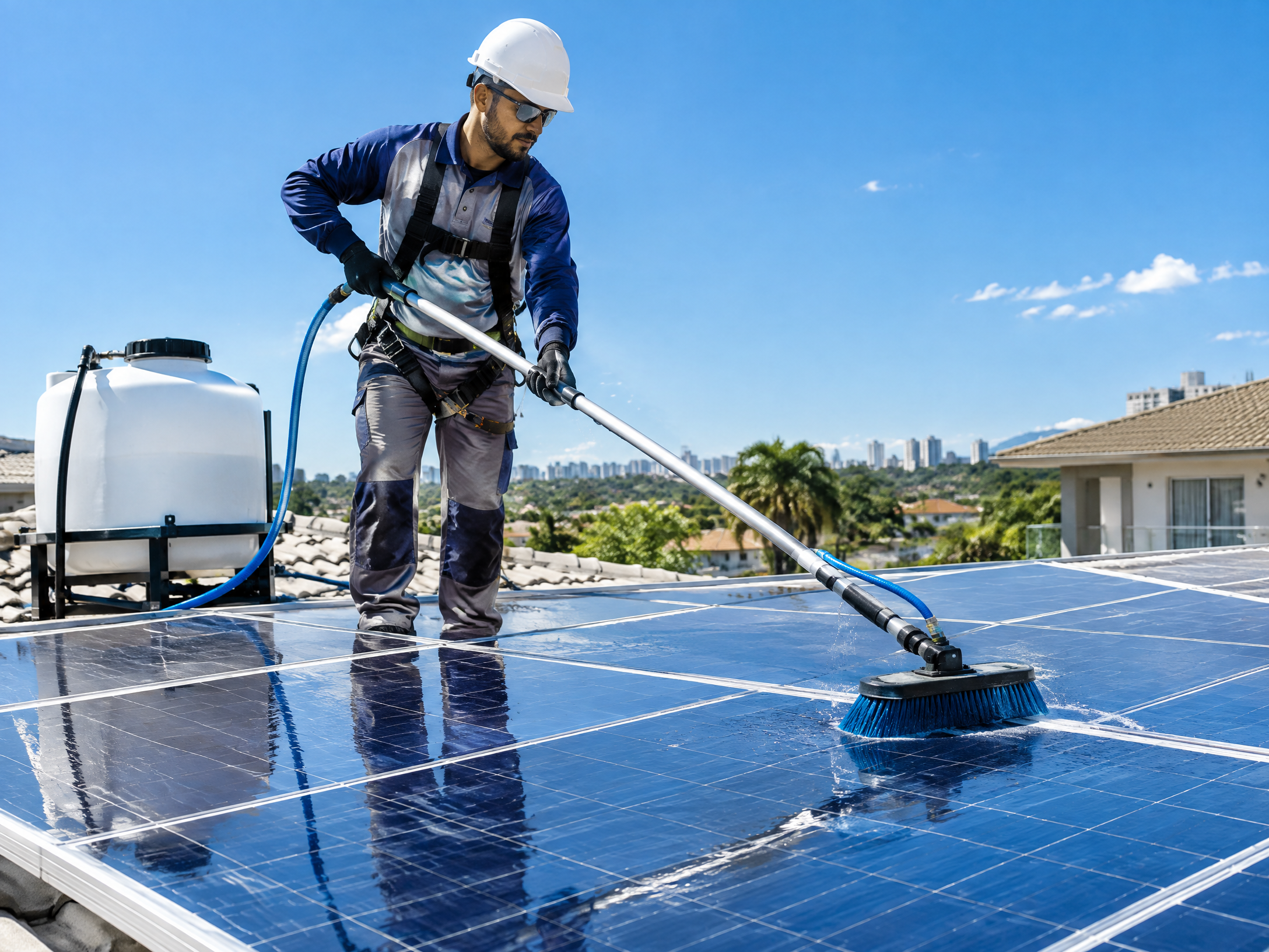 Profissional realizando a limpeza de um sistema de energia solar